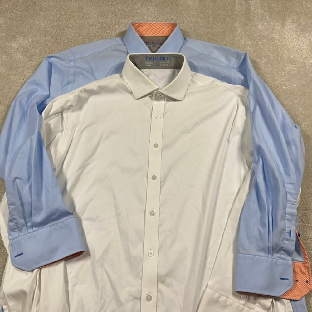 Twillory Performance Dress Shirt Mens Lot 2 Tailored Fit 17.5 34/35 Blue White